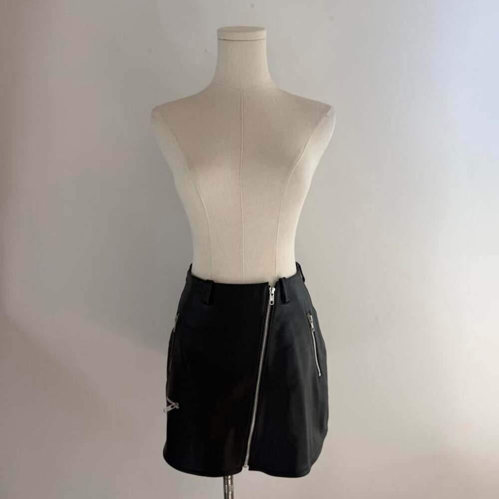 Understated Leather Moto Mini Skirt | Genuine Black Leather Zip Front | Women's